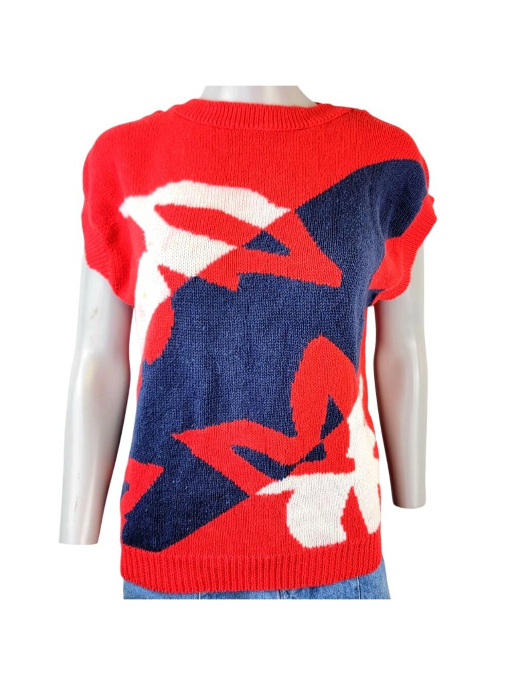 Vintage 80s Abstract Floral Sweater Women Medium Knit Shirt Red Patriotic Top 10